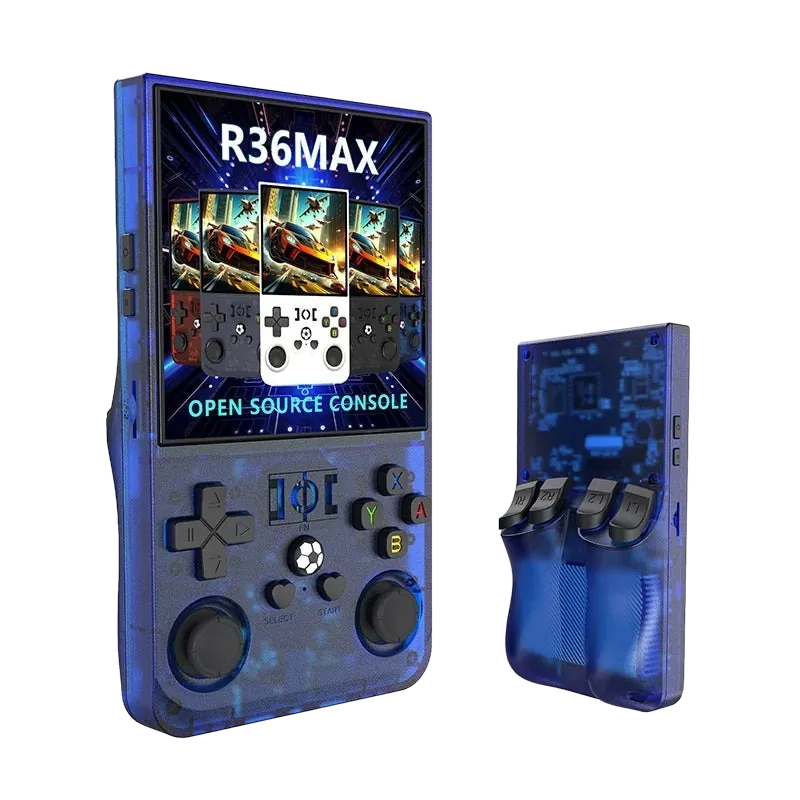 R36 Max retro handheld console, front view with its square 4-inch display